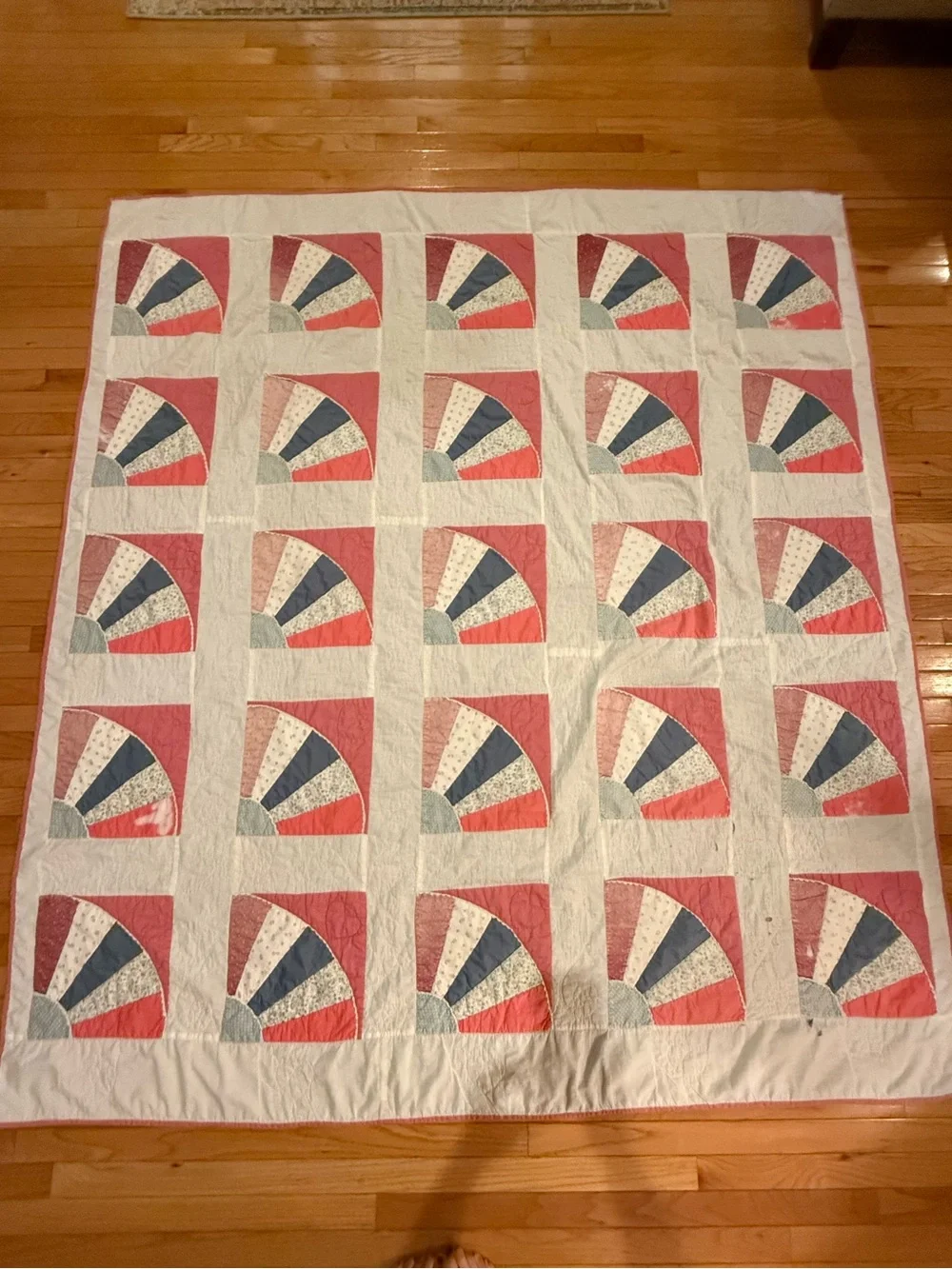 Vintage-Pink Fan Grandma Handstitched Patchwork Quilt - Signed & dated 1980
